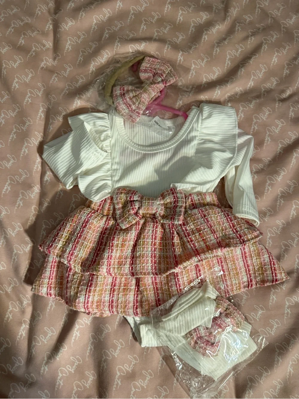 Girls White Ruffled Top with Pink Tweed Skirt Set. With headband and long socks!